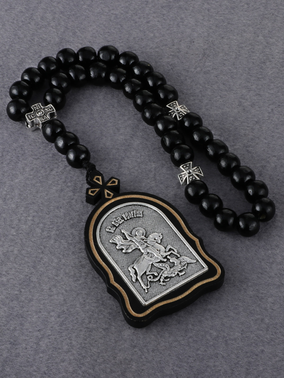 Streetwear Brand Accessories - Russisch-orthodoxer Holzrosenkranz mit Jungfrau-Maria-Kind-Ikone, Metallanhänger des